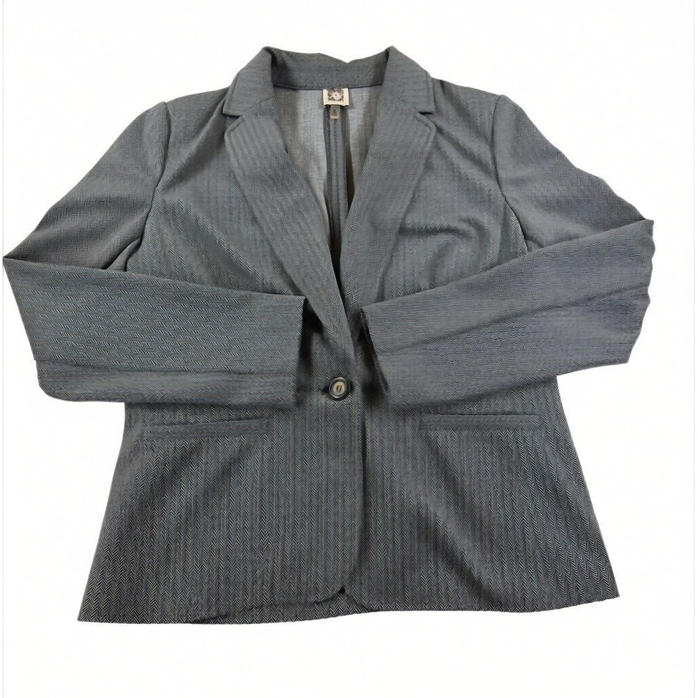 Anne Klein Womens Medium Black White Herringbone Single Button Blazer Jacket